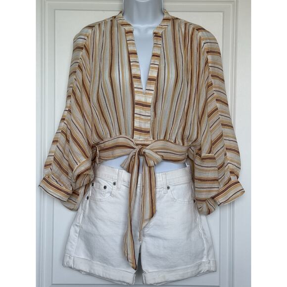 ANTHROPOLOGIE Tie-Front Blouse 100%‎ Cotton Striped Relaxed Drapey XSP Boho EUC - Picture 1 of 16